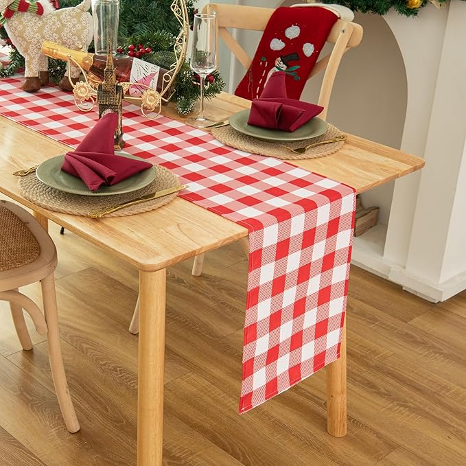 Waterproof Checkered Tablecloth Runner Fabric - Rectangle 12x108 Inch Classic Gingham Buffalo Plaid Table Cloth for Indoor/Outdoor Use - Table Cover for Kitchen, BBQs, and Parties