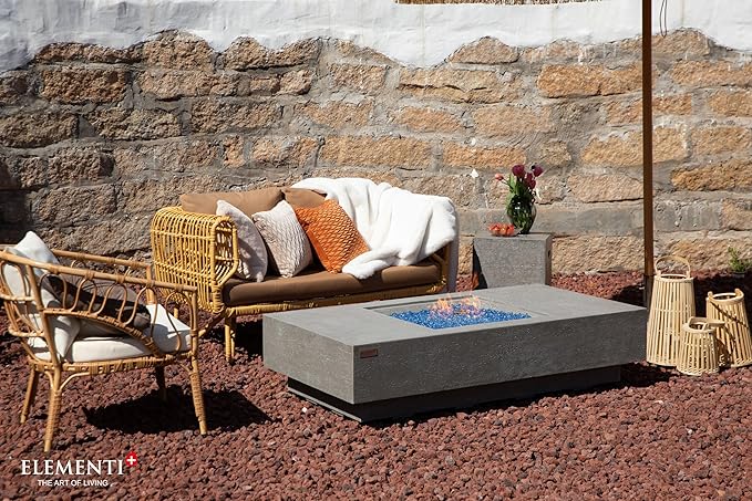 Elementi+ | Bundle Monte Carlo Gas Fire Pit Cast Concrete 60" Rectangular Fire Table | Electronic Ignition | Canvas Cover, Fire Glass and Burner Lid Included | Light Gray | Propane Gas