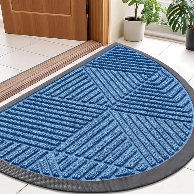 Smiry Half Circle Front Door Mat Outside Entrance, Heavy Duty Sturdy Natural Rubber Doormat, Trap Dirt and Moisture, Low Profile Mats for Indoor Outdoor Entry, Irregular Triangle (36x24, Blue)