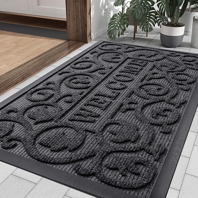 Smiry Welcome Door Mat Outside Entrance, Heavy Duty Trap Dirt and Moisture Easy Clean Low Profile Patio Porch Indoor Outdoor Front Doormat for Entry, 36x24 Inch, Grey