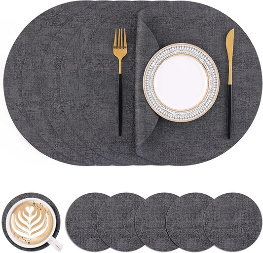Homaxy Round Faux Leather Placemats and Coasters, Washable Dual-Side Table Mats, Wipeable Heat-Resistant Dining Place Mats for Outdoor and Indoor, Set of 6, Diameter 13 and 3.93 inch, Dark Grey