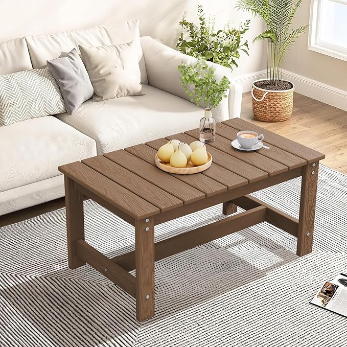 SERWALL Patio Coffee Table, HDPE Rectangle Outdoor Coffee Table Set of 2, Brown