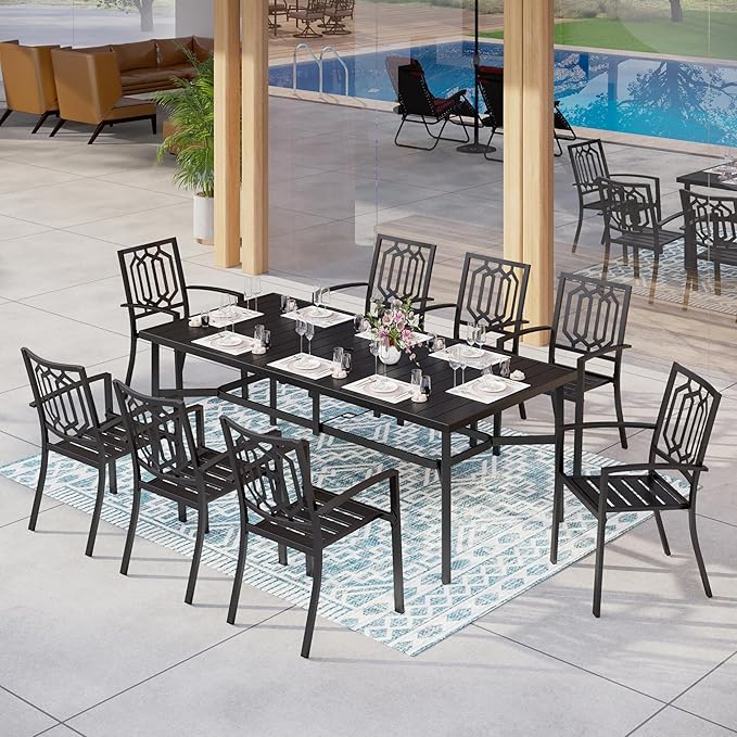 MFSTUDIO Patio Dining Set for 8, 9 Piece Outdoor Dining Set, Metal Patio Table and Chairs Set with Umbrella Hole, Outdoor Patio Furniture Set for Deck Backyard Poolside Garden