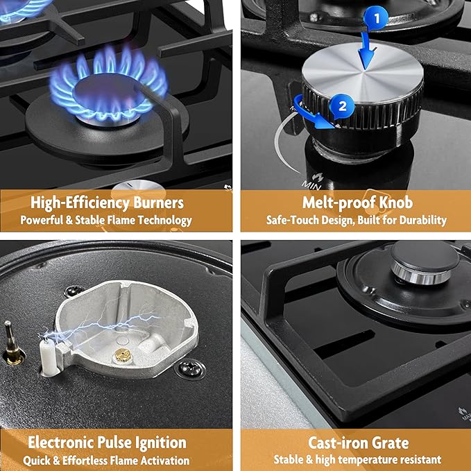 2 Burner Gas Cooktop, 12 Inch Built-in Propane/LPG/NG Dual Fuel Stove, Black Tempered Glass Hob with Thermocouple Protection & Adjustable Flame, for Apartment, Kitchen, RV