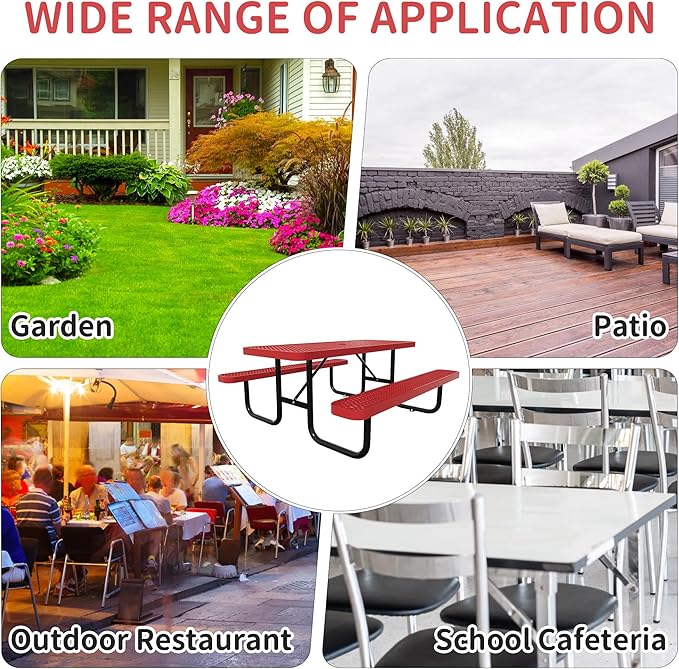 6FT Picnic Tables for Outdoors, Rectangular Commercial Metal Picnic Table Bench Set with Umbrella Hole,Heavy Duty Steel Weather-Resistant Dining Table for Patio Dining Garden Backyard BBQ School