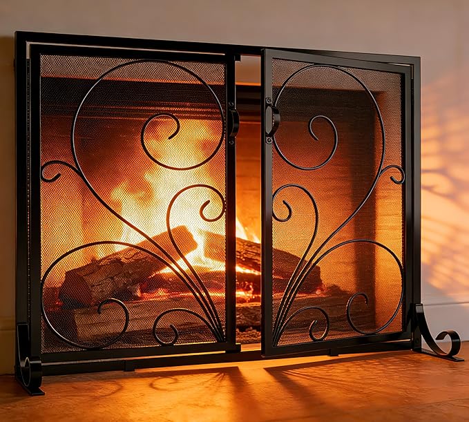 Flat Fireplace Screen with Doors,Solid Wrought Iron Frame with Metal Mesh, Flat Panel Decorative Fireplace Screen with Scroll Design, Free Standing Spark Guard