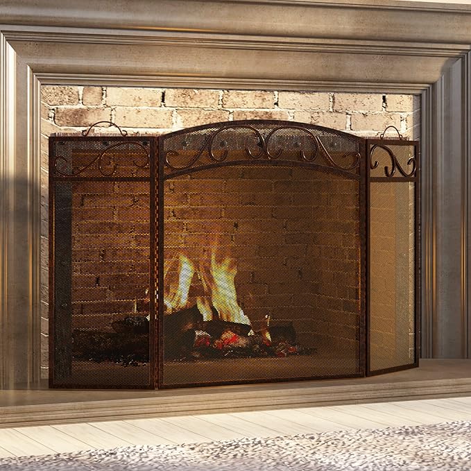 Fire Beauty Fireplace Screen 3 Panel with Handles Wrought Iron 51"(L) x31(H) Spark Guard Cover(Brushed Copper)