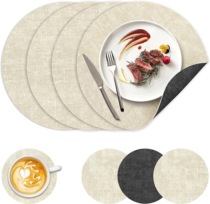 13" Round Placemats Set of 4, NCUE Dual-Sided Faux Leather Heat Resistant Table Mats, Waterproof Oilproof Washable Protective Table Placemats with Coaster, Wipeable Vinyl for Indoor & Outdoor Use