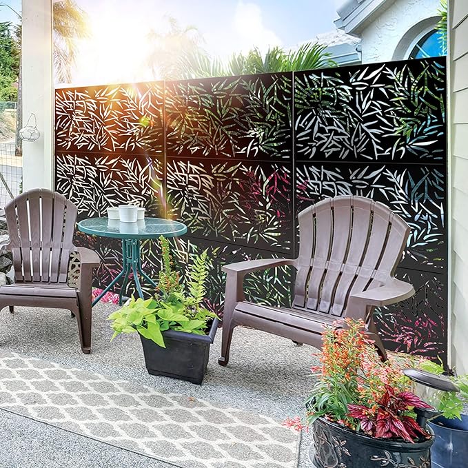 Elevens Patio Privacy Screen Balcony Decorative Screen Set with Stand, Outdoor Decor Privacy Fence Screen, Indoor Room Decorative Divider (Leaf-Black)