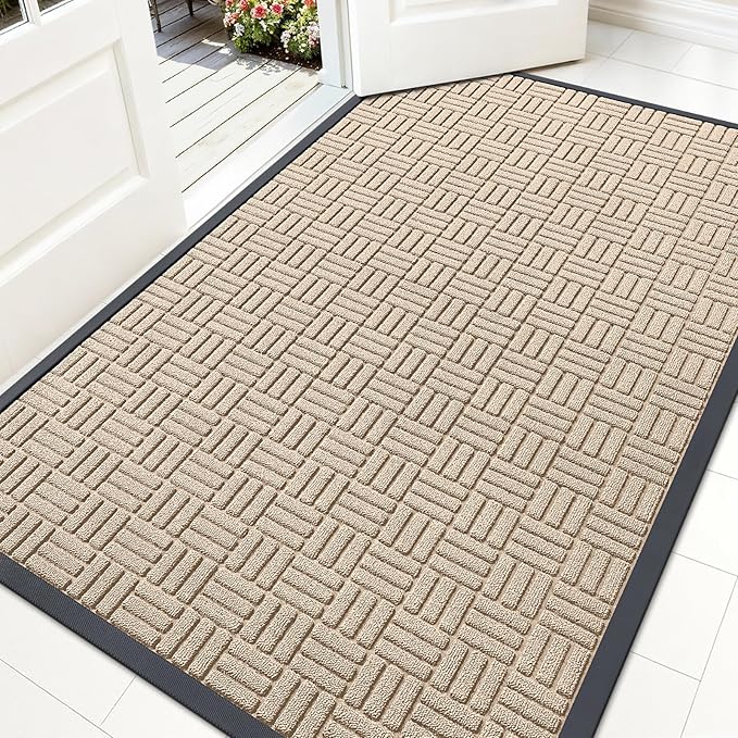 OLANLY Front Door Mat Outside Entrance 59x34, Absorbent, Heavy Duty Sturdy Natural Rubber Doormat Indoor Outdoor, Non-Slip, Stain and Fade Resistant, Low Profile Floor Mat for Entryway, Latte White