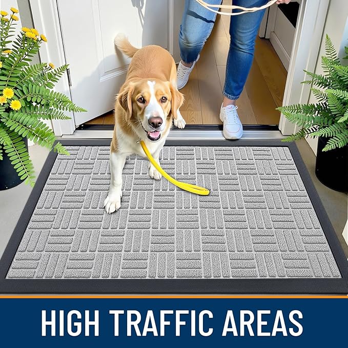 OLANLY Front Door Mat Outside Entrance 33x21, Absorbent, Heavy Duty Sturdy Natural Rubber Doormat Indoor Outdoor, Non-Slip, Stain and Fade Resistant, Low Profile Floor Mat for Entryway, Light Gray