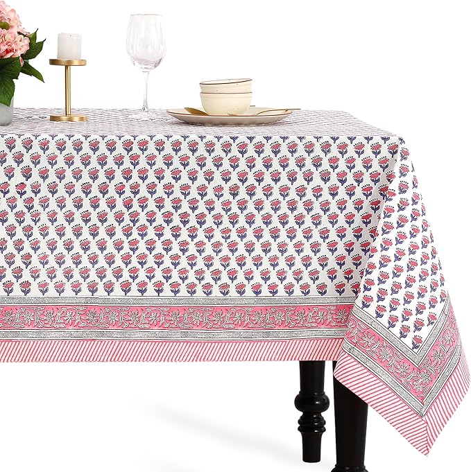 CPC Tablecloth 100% Cotton 60x60 Inch Indian Block Print Square Table Cover, Table Cloth for Weddings, Spring/Summer, Barbeque - Pink Sapphire