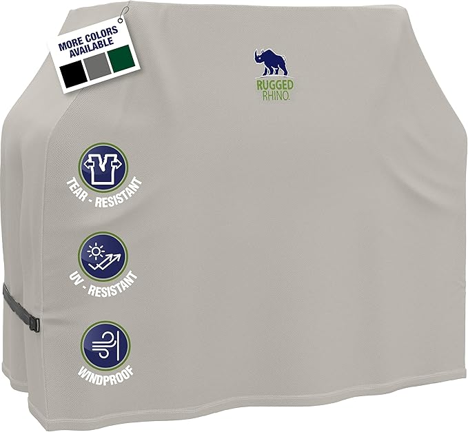 RUGGED RHINO 60 Inch Heavy Duty Grill Cover for Outdoor Grills, All Season Three Layer Waterproof UV Resistant Windproof Gas BBQ Covers, Compatible for Weber Char-Broil Pit Boss Traeger and More Beige