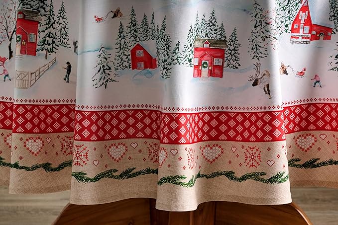 Maison d' Hermine Table Cloth Round Table 100% Cotton 63 Inches Fall Tablecloth Reusable Everyday Use for Thanksgiving Christmas Decorations Dining Farmhouse Party (Rural Christmas)