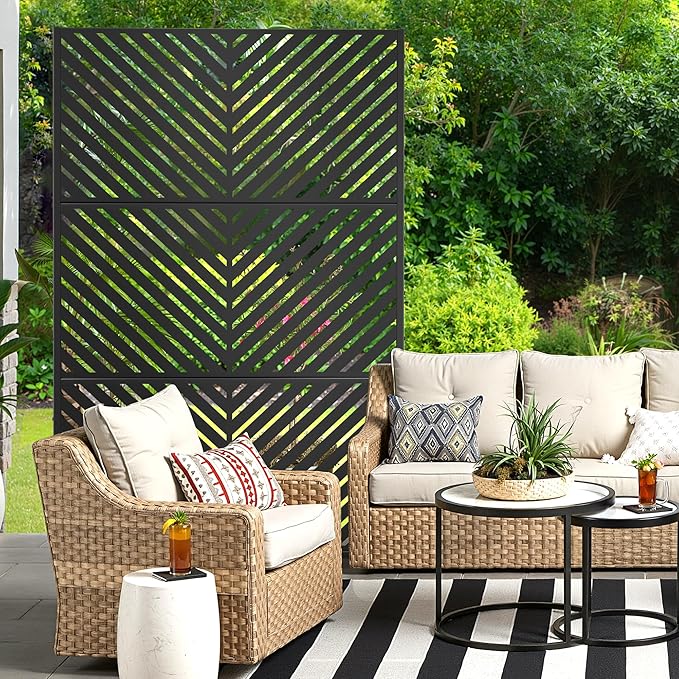Metal Privacy Screen for Outdoor & Indoor Use, Free Standing Privacy Screen for Patio Garden Pool, 72" H x 47" W Decoative Privacy Panels, Weather Resistant, Easy Assembly (Black Parallel Line)