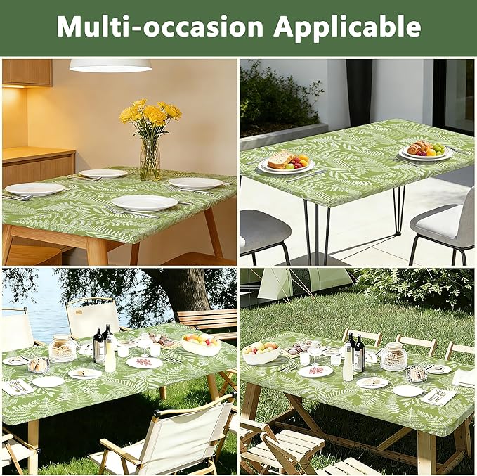 Rectangle Picnic Table Cloth, Elastic Waterproof Fitted Vinyl Tablecloths for 8 Foot Tables, Wipeable Flannel Backed Table Covers for Dining, Camping, Outdoor(Green Leaves,30"x96")