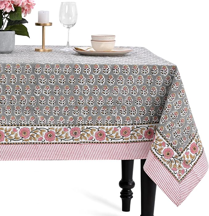 CPC Tablecloth 100% Cotton 70x108 Inch Indian Block Print Rectangle Table Cover, Gray Table Cloth for Weddings, Spring/Summer, Barbeque - Labra Gray