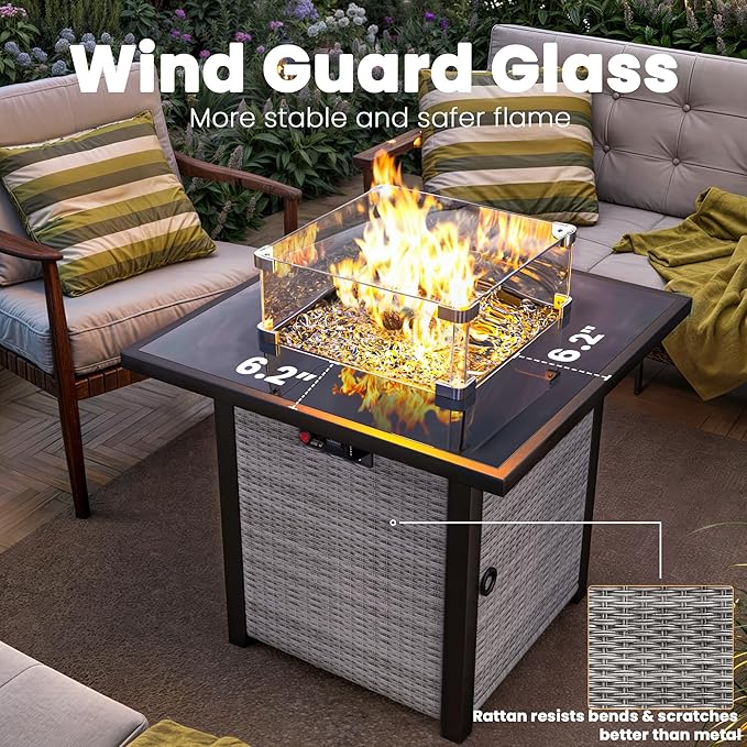 Propane Outdoor Fire Pit Table, 28" Rattan Square Fire Pit Table, Outdoor Gas FirePit With Glass Wind Guard, Tempered Glass Tabletop, Lid, CSA Listed, 50,000 BTU, Outside Patio & Garden, Grayish-White