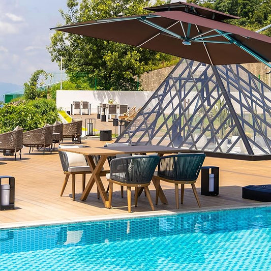 PURPLE LEAF 5 Pieces Patio Dining Set Wicker Outdoor Furniture Rectangular Table and Chairs Set for Garden Deck Teak-Finish Aluminum Frame Backyard Kitchen Set, Cushions and Pillows Included