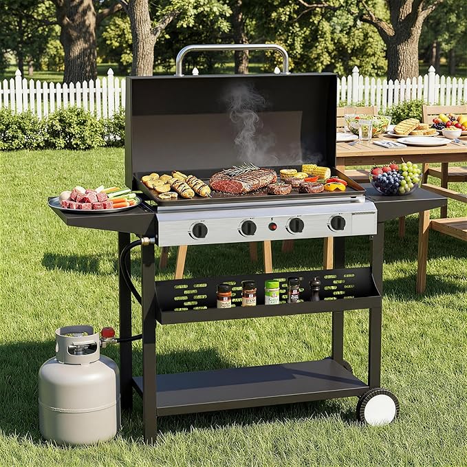 4 Burner Propane Griddle with Lid, 30 Inch Stainless Steel Portable Detachable Gas Griddle, 60,000 BTU Flat Top Grill with Side Shelves for Camping