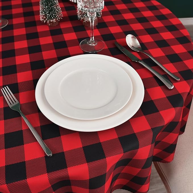 Waterproof Plaid Tablecloth Fabric - Round 58 Inch Classic Gingham Checker Table Cloth for Indoor/Outdoor Use - Buffalo Table Cover for Picnics, BBQs, and Parties