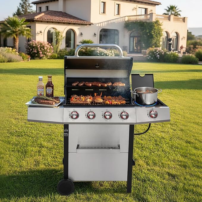 Griddle Grill Combo, Propane Gas and Charcoal Grill Combo, Outdoor BBQ Grills, 4 Burner Propane Stove with Griddle, Cast Iron Grates, Side Burner & Prep Space (4 burner&side burner combo)