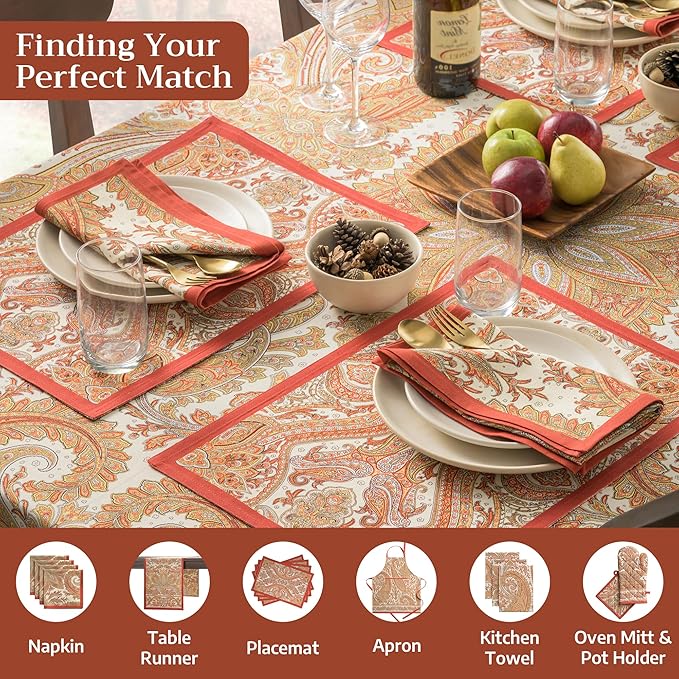Maison d' Hermine Table Cloth Rectangle Table 100% Cotton 70 x 120 Inches Fall Tablecloth Reusable Everyday Use for Thanksgiving Christmas Decorations Dining Farmhouse Party (Kashmir Paisley)