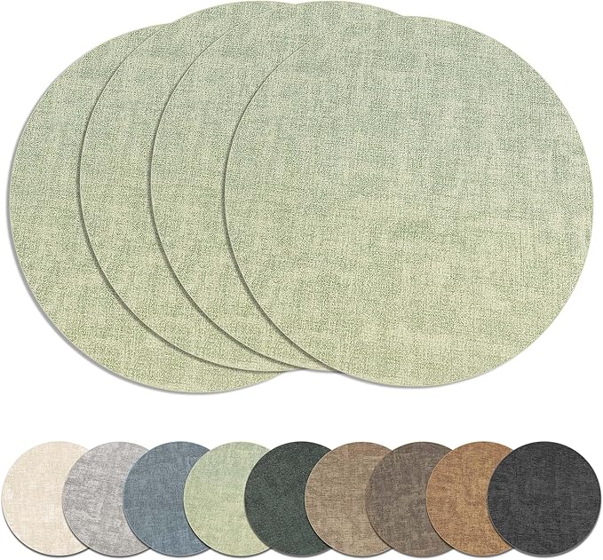13" Round Placemats Set of 4, Reversible Faux Leather Heat Resistant Table Mats, Waterproof Oilproof Wipeable Table Protective Placemats for Vinyl, Washable for Indoor & Outdoor Use (4, Light Green)