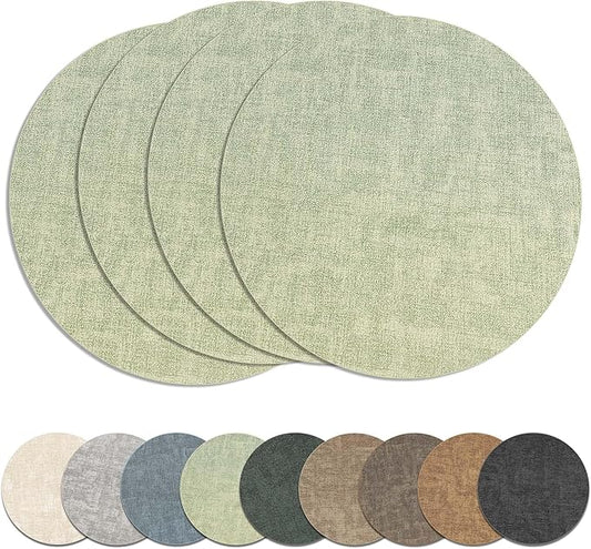 13" Round Placemats Set of 4, Reversible Faux Leather Heat Resistant Table Mats, Waterproof Oilproof Wipeable Table Protective Placemats for Vinyl, Washable for Indoor & Outdoor Use (4, Light Green)