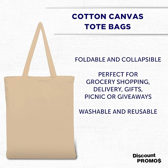 DISCOUNT PROMOS Cotton Canvas Tote Bags Set of 10, Bulk Pack - Reusable, Great for Shopping, Grocery, Beach, Picnic, Wedding Favors - Natural