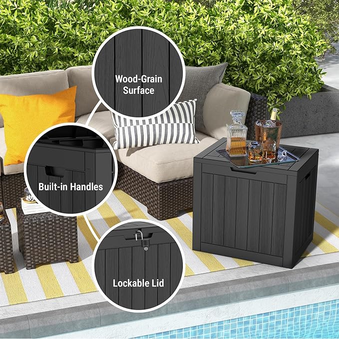 Mars Villa 31 Gallon Deck Box, Waterproof Weatherproof and UV Resistant Resin Storage Bin with Lockable Lid, Ideal for, Outdoor, Patio Furniture Cushions, Pool Supplies, Garden Tools, Black