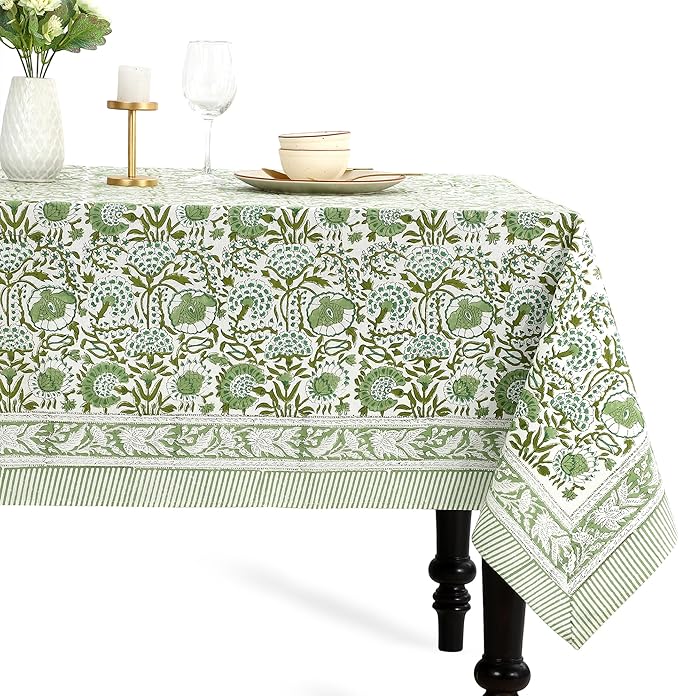 CPC Cotton Tablecloth 80x120 Inch Rectangle Indian Block Print Tablecloth- Green Washable Wedding Table Cover for Thanksgiving/Christmas- Agate Green