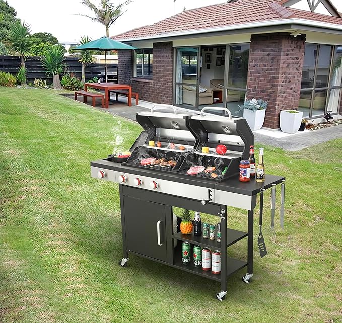 Gas and Charcoal Combo Grill, 37230 BTU 2-in-1 Outdoor BBQ, Dual Zone Cooking with Thermometer, Locking Wheels & Foldable Side Table for Patio and Garden Use(3+1 Burner + Charcoal grill)