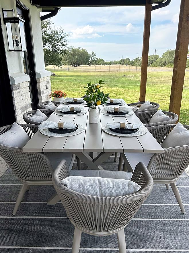 PURPLE LEAF 9 Pieces Patio Dining Set Wicker Outdoor Furniture Rectangular Table and Chairs Set for Garden Deck Aluminum Frame Backyard Kitchen Set, Cushions and Pillows Included Champagne