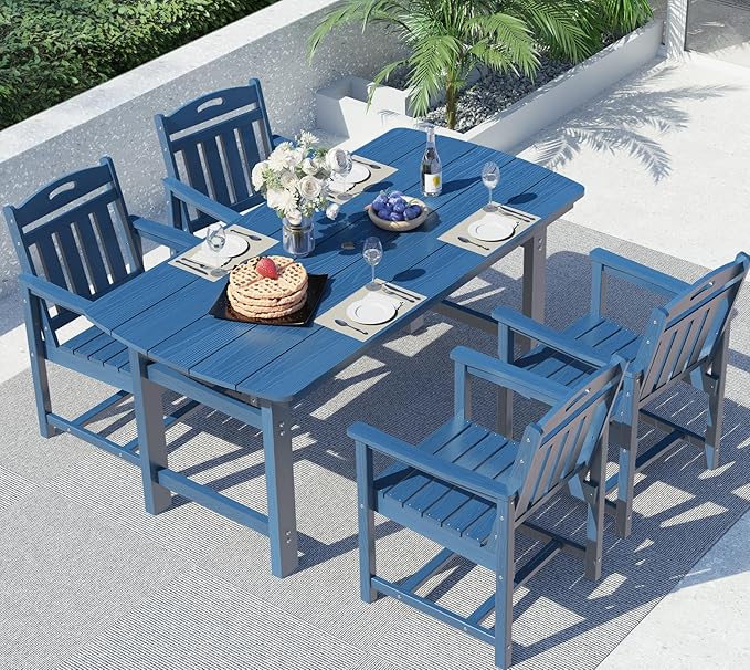 Ciokea HDPE Outdoor Dining Set, 5-Piece Patio Table and Chairs Set with Umbrella Hole, All-Weather Patio Dining Sets for 4, Durable Patio Furniture for Backyard, Garden, Lawn & Poolside, Navy Blue