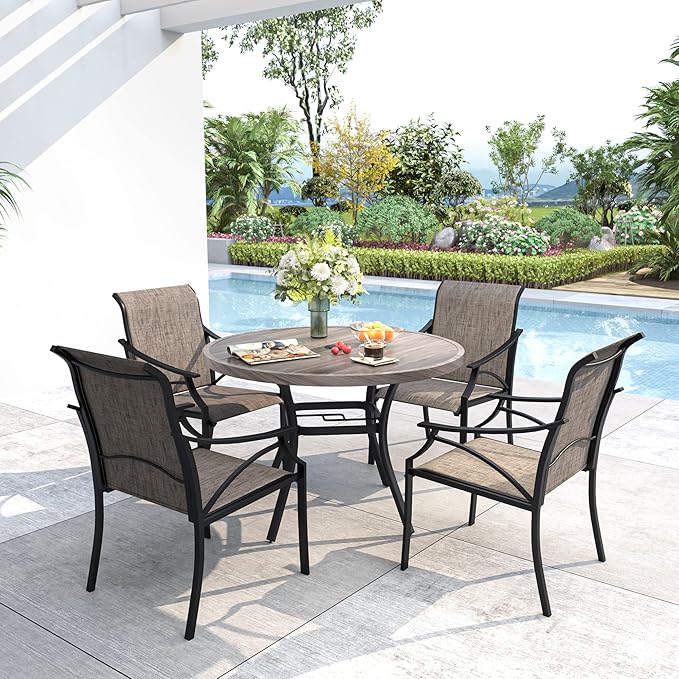 VICLLAX Round Patio Dining Table, 41 inch Metal Outdoor Dining Table with Umbrella Hole for Garden Lawn Balcony Deck,Grey