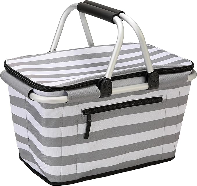 SIYUAN 30L Picnic Basket with Handles Leakproof Large Stripped Insulated Cooler Grocery Shopping Market Tote for Family Gray White