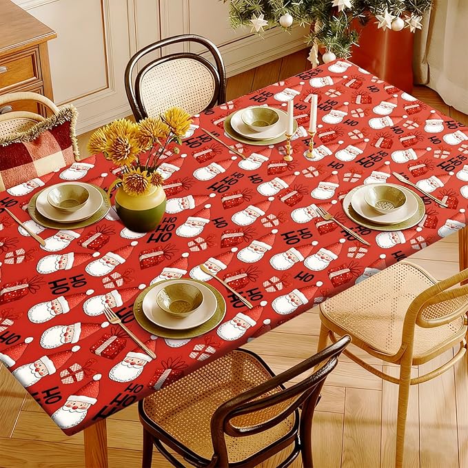 Rectangle Table Cloth Cover Waterproof Elastic Fitted Polyester Fitted Tablecloths for 6 Foot Tables for Indoor,Picnic, Camping, Outdoor （72" x 30"，Christmas Tablecloth）