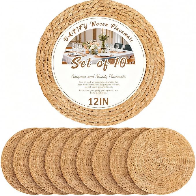 Round Woven Placemats 12 inch Set of 10 - Boho Farmhouse Natural Rattan Table Mats for Dining, Circular Place Mats for Kitchen Table Decor, Farmhouse Weave Placematsfor Dining Table Decor