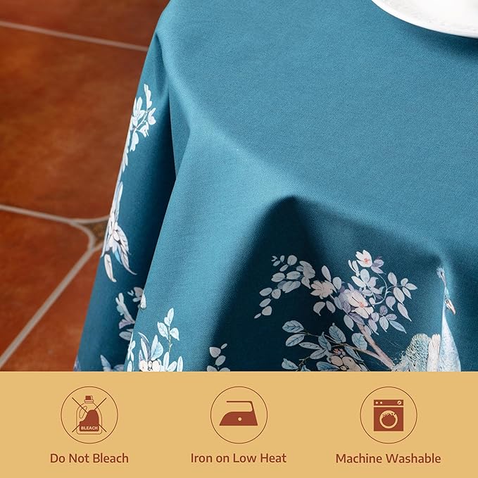 Maison d' Hermine Premium Table Cloth Round Table 100% Combed Cotton 70" Diameter Inches Tablecloth Reusable Decorative for Dining Room, Farmhouse, Party, Festive & Wedding - Peacock Utopia - Deep Sea