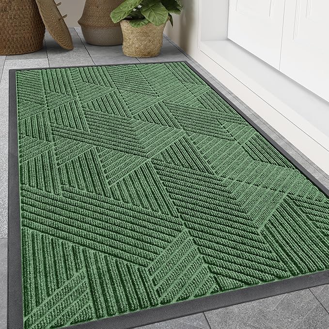 Smiry Front Door Mat Outside Entrance, Heavy Duty Sturdy Natural Rubber Doormat, Trap Dirt and Moisture, Easy Clean Low Profile Mats for Indoor Outdoor Entry, Irregular Triangle (71x24, Green)