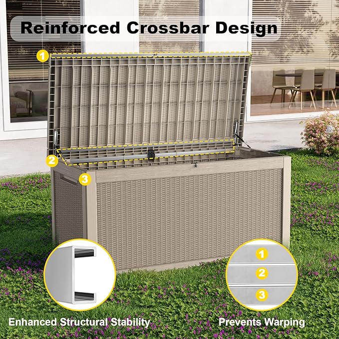 320 Gallon Waterproof Outdoor Storage Box, UV Resistant Resin Deck Box with Hydraulic Rod for Reinforced Stability, Perfect for Patio, Garden, and Pool（Grey，320 Gallon）