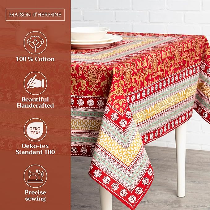 Maison d' Hermine Table Cloth Rectangle Table 100% Cotton 60 x 90 Inches Fall Tablecloth Reusable Everyday Use for Thanksgiving Christmas Decorations Dining Farmhouse Party (Sofia)