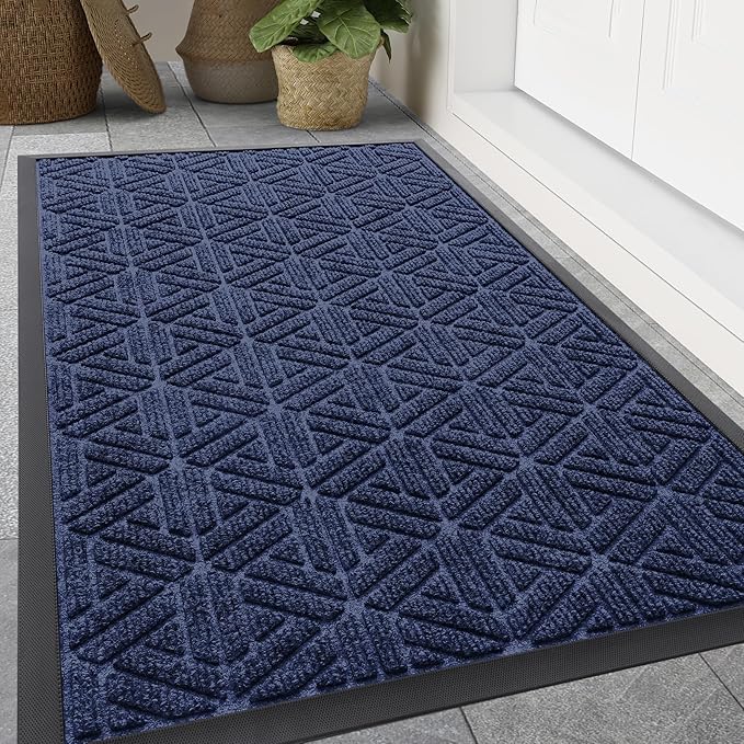 Smiry Front Door Mat Outside Entrance, Heavy Duty Sturdy Natural Rubber Doormat, Trap Dirt and Moisture, Easy Clean Low Profile Mats for Indoor Outdoor Entry, Grid Geometric (59x35, Navy Blue)