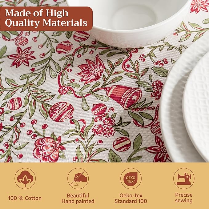 Maison d' Hermine Table Cloth Round Table 100% Cotton 69 Inches Fall Tablecloth Reusable Everyday Use for Thanksgiving Christmas Decorations Dining Farmhouse Party (Reveillon Au Jardin)