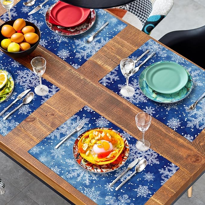 Winter Blue Snowflake Placemats Set of 4 Merry Christmas Snowflakes Linen Fabric Table Mats Seasonal Xmas Holiday Washable Place Mats for Party Kitchen Dining Outdoor Indoor Decor