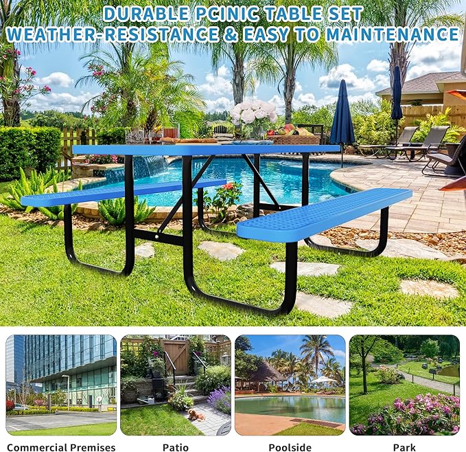 6FT Rectangular Metal Picnic Table for Outdoors, Commercial Steel Metal Picnic Tables, Heavy Duty Sturdy Picnic Tables Furniture Set for Patio Garden Courtyard BBQ, with Umbrella Hole, Blue