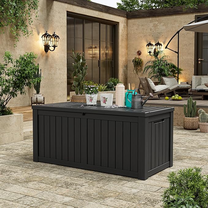 Outdoor Storage Box, 120 Gallon Deck Box, Resin Waterproof Outside Storage Bench, Outdoor Storage Cabinet With Lockable Lid, Backyard Deck Box For Garden Tools, Patio Cushions, Pool Accessories