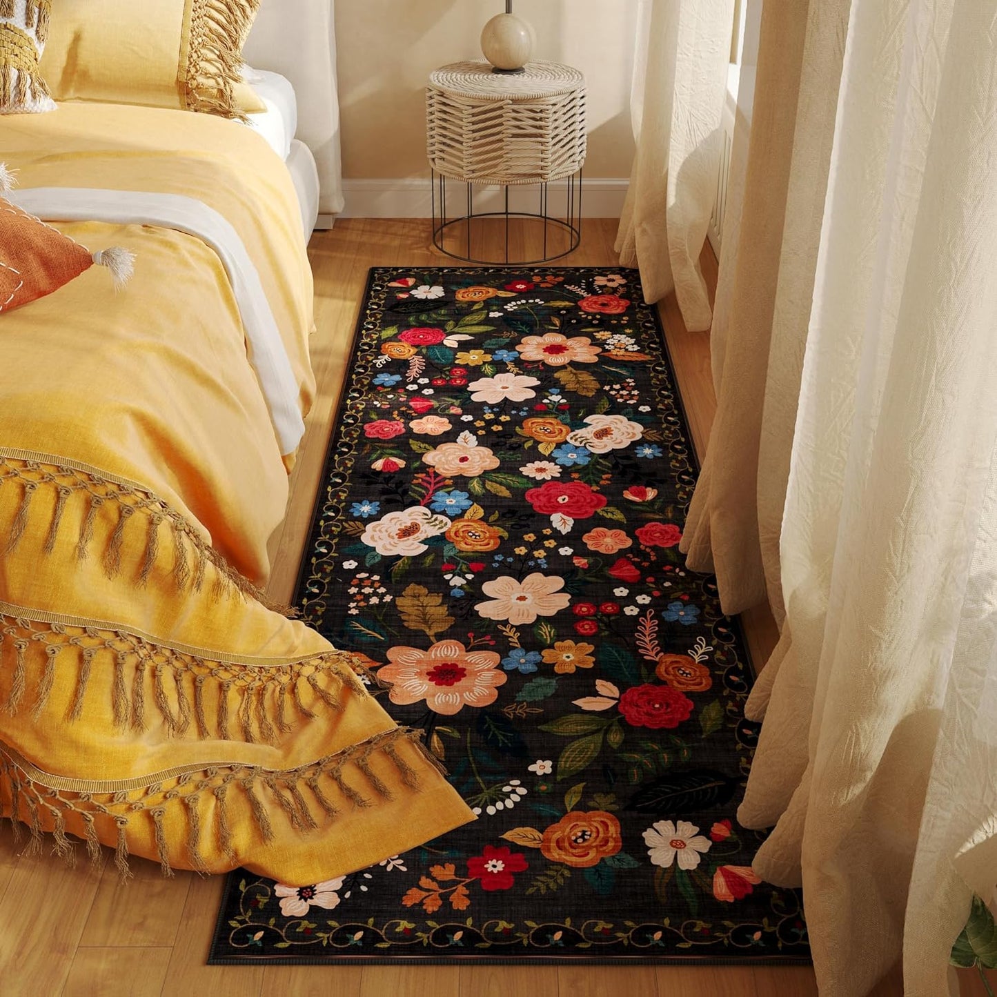 Rugcomf Runner Rug for Hallways Kitchen Rug Non Slip 2'x 6' Washable Runner Rugs with Rubber Backing Soft Floral Carpet Runner for Hallways, Kitchen, Laundry, Bedroom, Bathroom(Black)