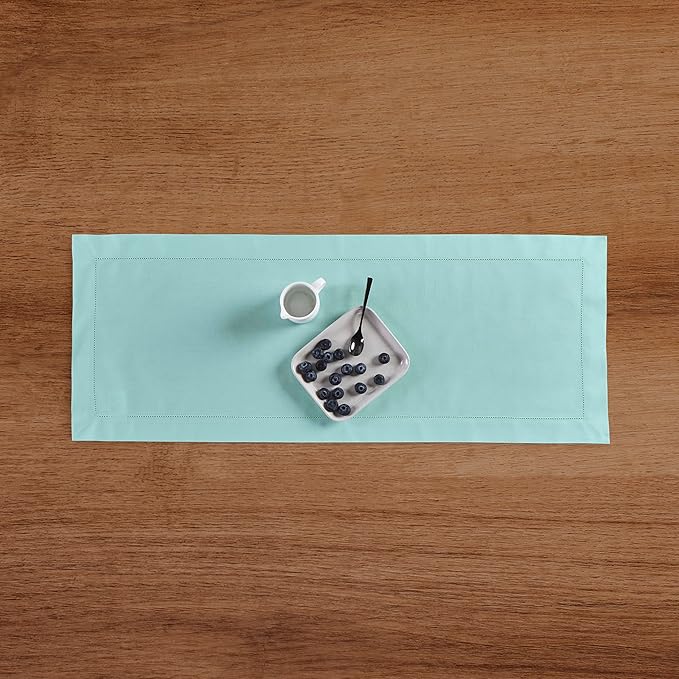 Solino Home Cotton Linen Table Runner 36 Inches - Pastel Turquoise Hemstitch Table Runner 14 x 36 Inch Ideal for Dresser and Coffee Tables, Spring, Easter
